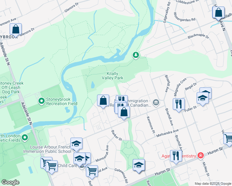 map of restaurants, bars, coffee shops, grocery stores, and more near 114 Arbour Glen Crescent in London