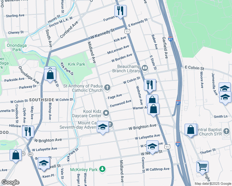map of restaurants, bars, coffee shops, grocery stores, and more near 345 West Colvin Street in Syracuse