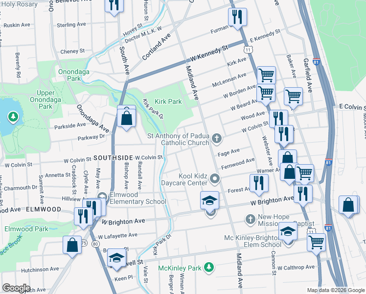 map of restaurants, bars, coffee shops, grocery stores, and more near 612 West Colvin Street in Syracuse