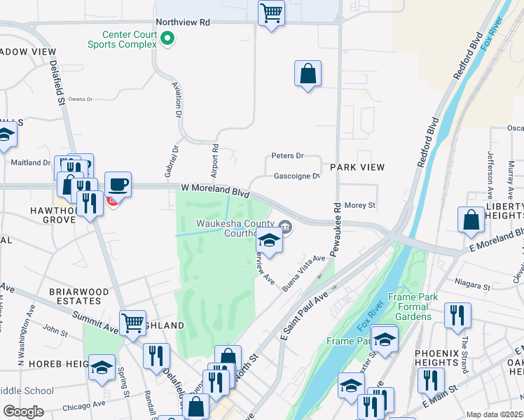 map of restaurants, bars, coffee shops, grocery stores, and more near 615 West Moreland Boulevard in Waukesha