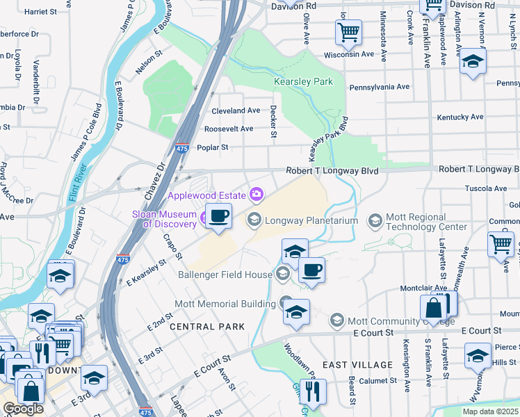 map of restaurants, bars, coffee shops, grocery stores, and more near 1400 East Kearsley Street in Flint