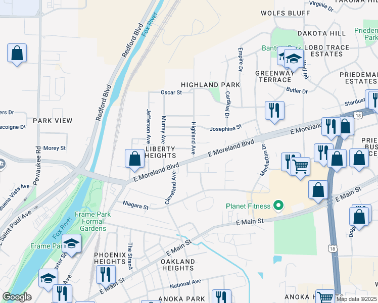 map of restaurants, bars, coffee shops, grocery stores, and more near 1133 Margaret Street in Waukesha