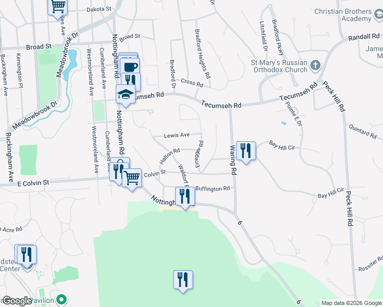 map of restaurants, bars, coffee shops, grocery stores, and more near 111 Erregger Road in Syracuse