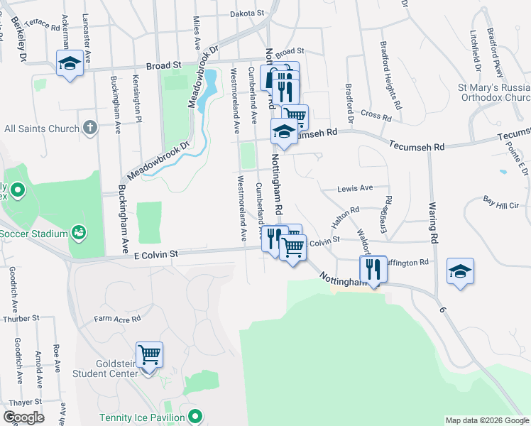 map of restaurants, bars, coffee shops, grocery stores, and more near 538 Nottingham Road in Syracuse