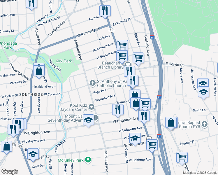 map of restaurants, bars, coffee shops, grocery stores, and more near 114 Cannon Street in Syracuse