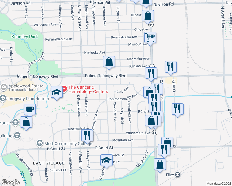 map of restaurants, bars, coffee shops, grocery stores, and more near 2322 Tuscola Avenue in Flint