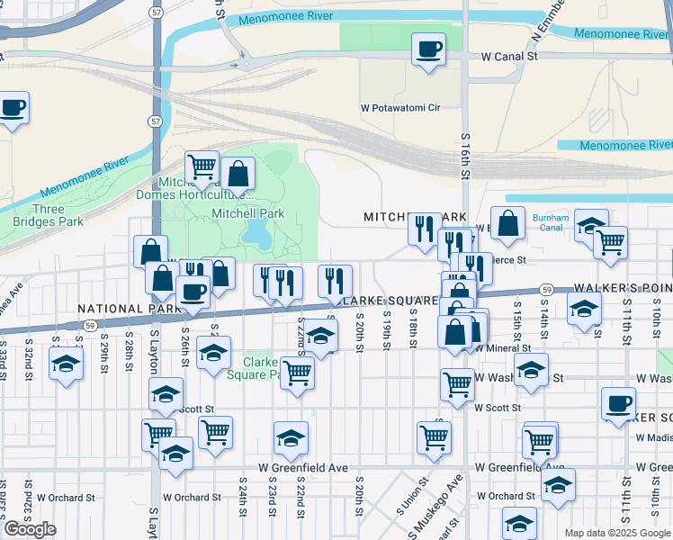 map of restaurants, bars, coffee shops, grocery stores, and more near 2024-2026 West Pierce Street in Milwaukee