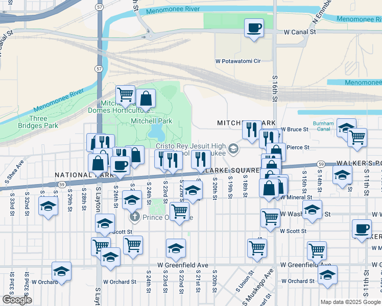 map of restaurants, bars, coffee shops, grocery stores, and more near 2131 West Pierce Street in Milwaukee