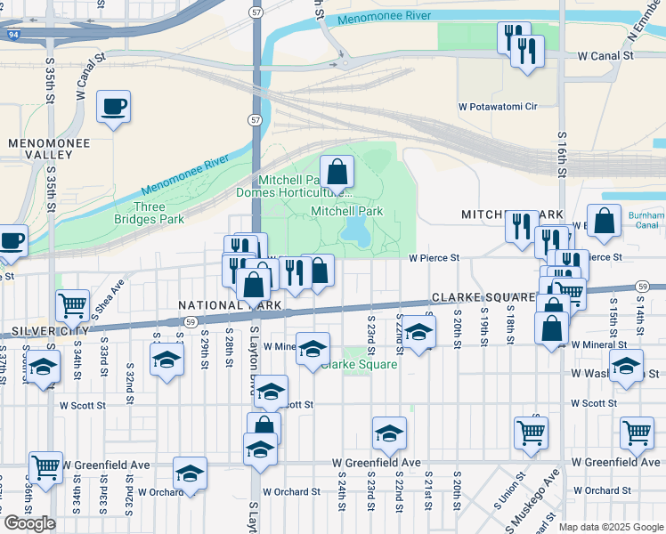 map of restaurants, bars, coffee shops, grocery stores, and more near 2339 West Pierce Street in Milwaukee