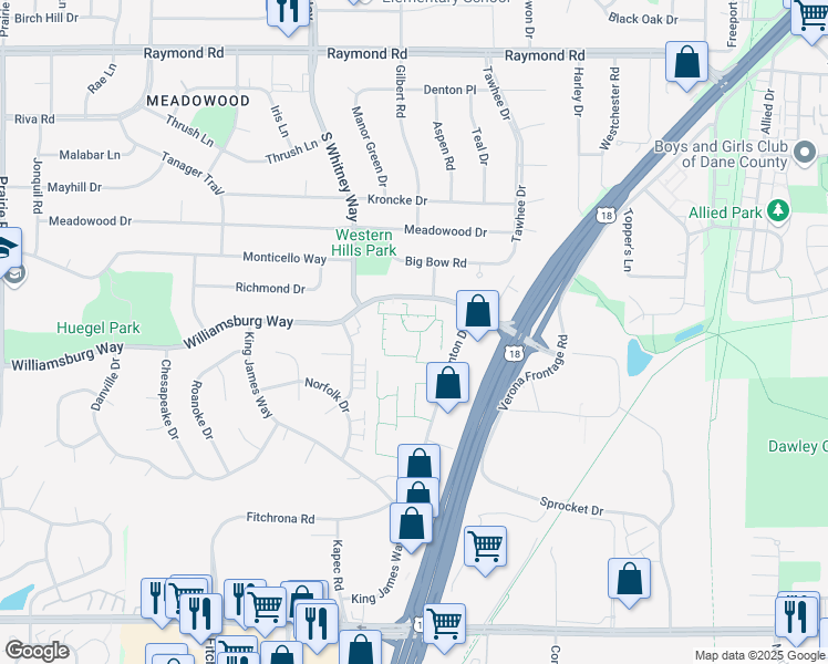 map of restaurants, bars, coffee shops, grocery stores, and more near 5501 Williamsburg Way in Fitchburg