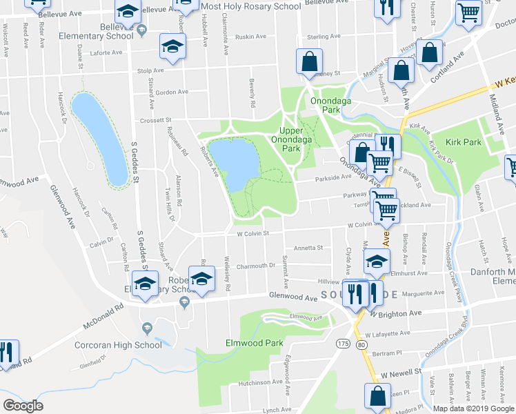 map of restaurants, bars, coffee shops, grocery stores, and more near 158 Onondaga Park Drive in Syracuse