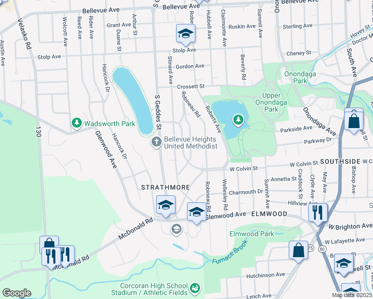 map of restaurants, bars, coffee shops, grocery stores, and more near 229 Twin Hills Drive in Syracuse