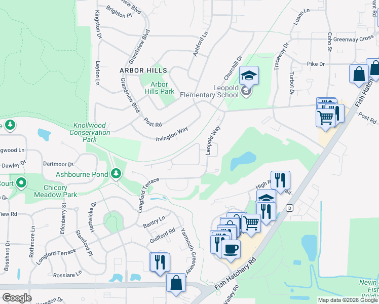 map of restaurants, bars, coffee shops, grocery stores, and more near 5 Essex Court in Madison