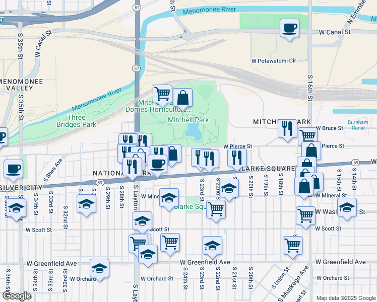 map of restaurants, bars, coffee shops, grocery stores, and more near 2339 West Pierce Street in Milwaukee