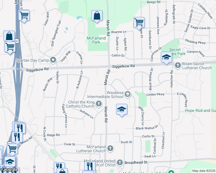 map of restaurants, bars, coffee shops, grocery stores, and more near 5502 Red Oak Trail in McFarland