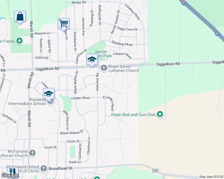 map of restaurants, bars, coffee shops, grocery stores, and more near 5251 Lodgecliffe Lane in McFarland