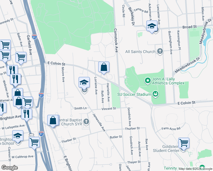 map of restaurants, bars, coffee shops, grocery stores, and more near 216 Boise Drive in Syracuse