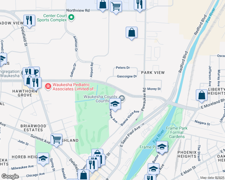 map of restaurants, bars, coffee shops, grocery stores, and more near 615 West Moreland Boulevard in Waukesha