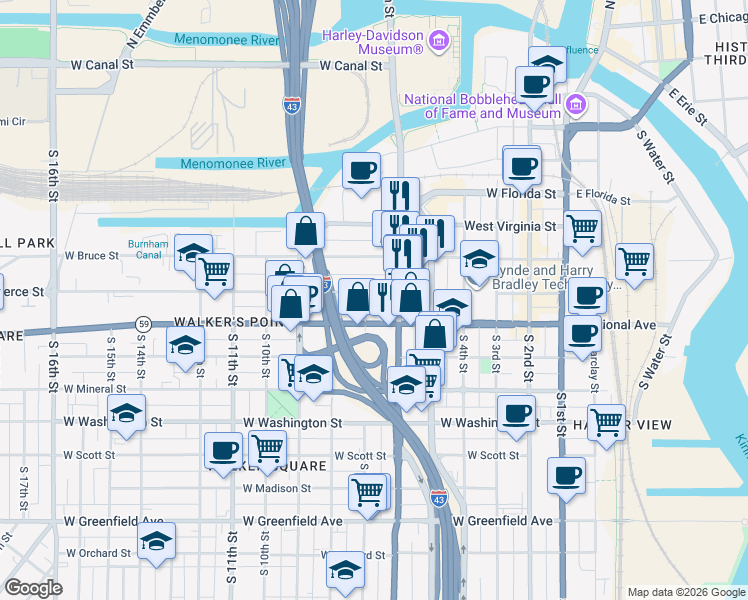 map of restaurants, bars, coffee shops, grocery stores, and more near 642 West Pierce Street in Milwaukee