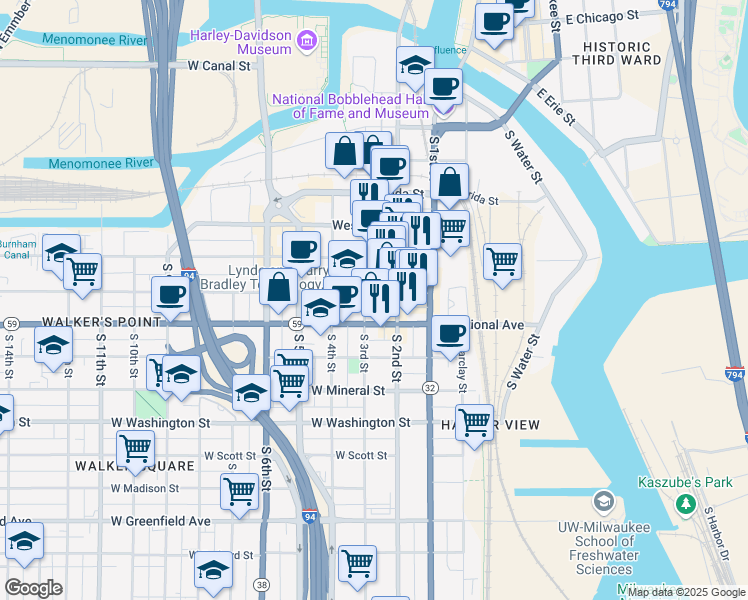 map of restaurants, bars, coffee shops, grocery stores, and more near 710 South 3rd Street in Milwaukee