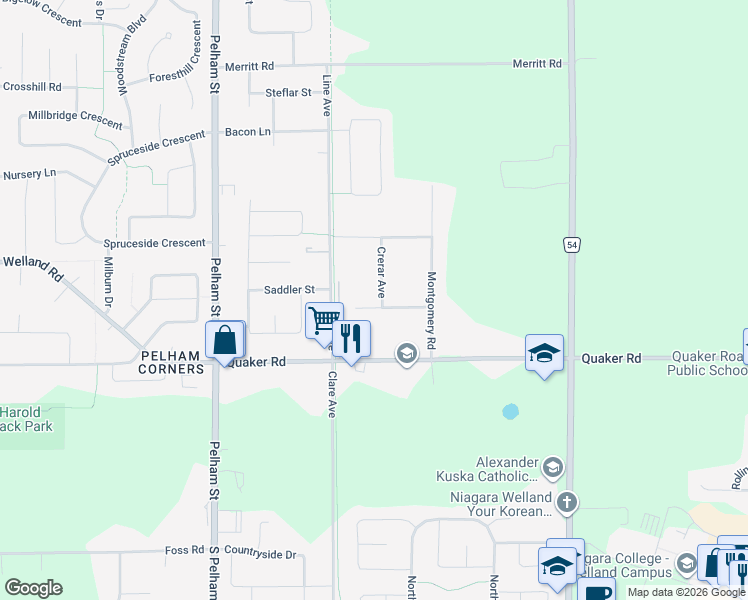 map of restaurants, bars, coffee shops, grocery stores, and more near 44 Topham Boulevard in Welland