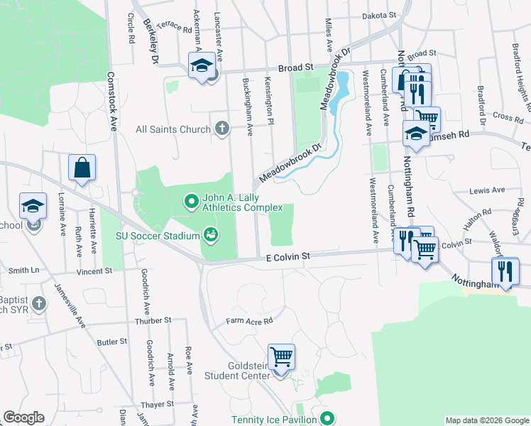 map of restaurants, bars, coffee shops, grocery stores, and more near 505 Buckingham Avenue in Syracuse