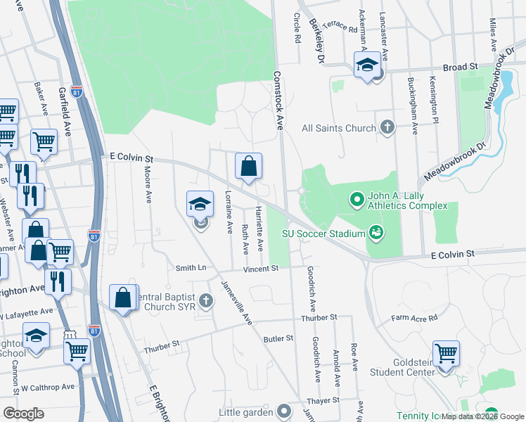 map of restaurants, bars, coffee shops, grocery stores, and more near 1202 East Colvin Street in Syracuse