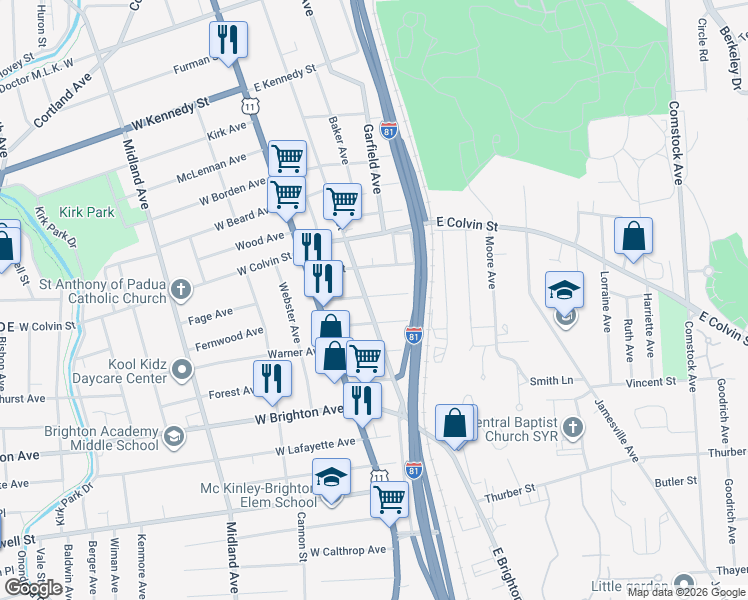 map of restaurants, bars, coffee shops, grocery stores, and more near 227 McKinley Avenue in Syracuse