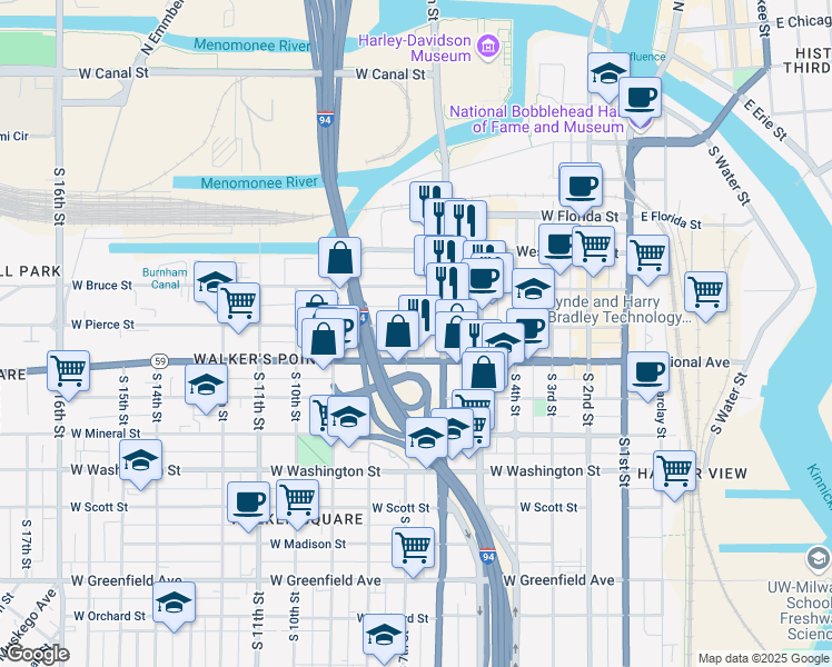 map of restaurants, bars, coffee shops, grocery stores, and more near 642 West Pierce Street in Milwaukee