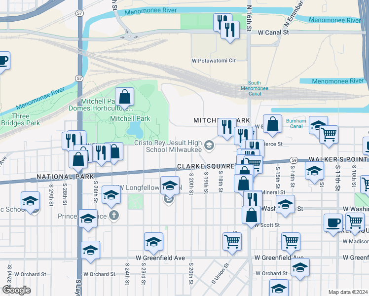 map of restaurants, bars, coffee shops, grocery stores, and more near 2024-2026 West Pierce Street in Milwaukee