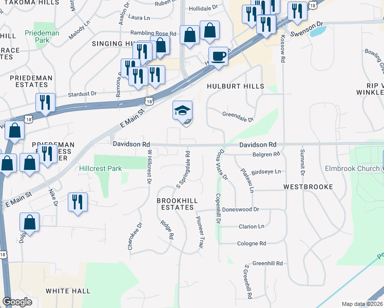 map of restaurants, bars, coffee shops, grocery stores, and more near 750 South Springdale Road in Waukesha