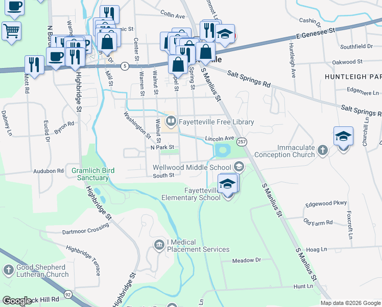 map of restaurants, bars, coffee shops, grocery stores, and more near 508 Spring Street in Fayetteville
