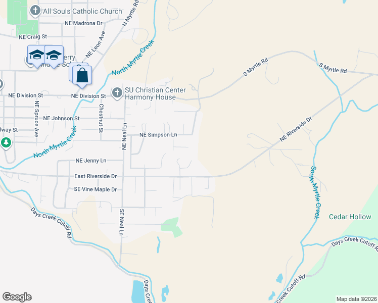 map of restaurants, bars, coffee shops, grocery stores, and more near 1336 Ballard Court in Myrtle Creek