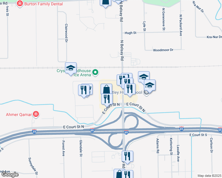 map of restaurants, bars, coffee shops, grocery stores, and more near 1145 North Belsay Road in Burton