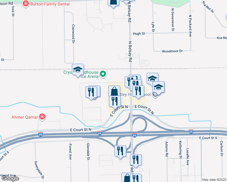 map of restaurants, bars, coffee shops, grocery stores, and more near 1145 North Belsay Road in Burton