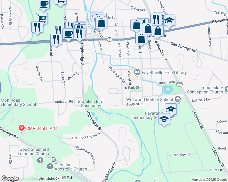 map of restaurants, bars, coffee shops, grocery stores, and more near 550 Warren Street in Fayetteville