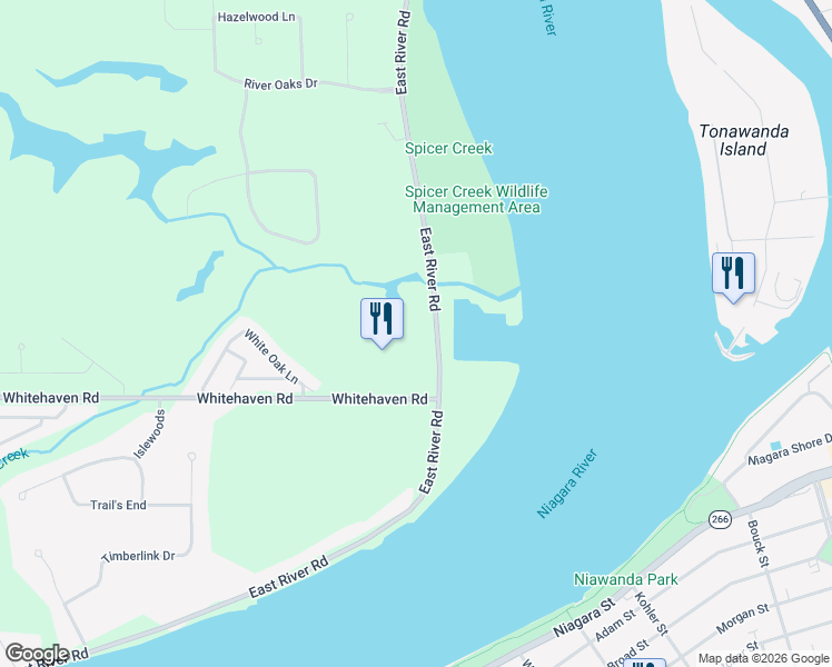 map of restaurants, bars, coffee shops, grocery stores, and more near 3040 East River Road in Grand Island