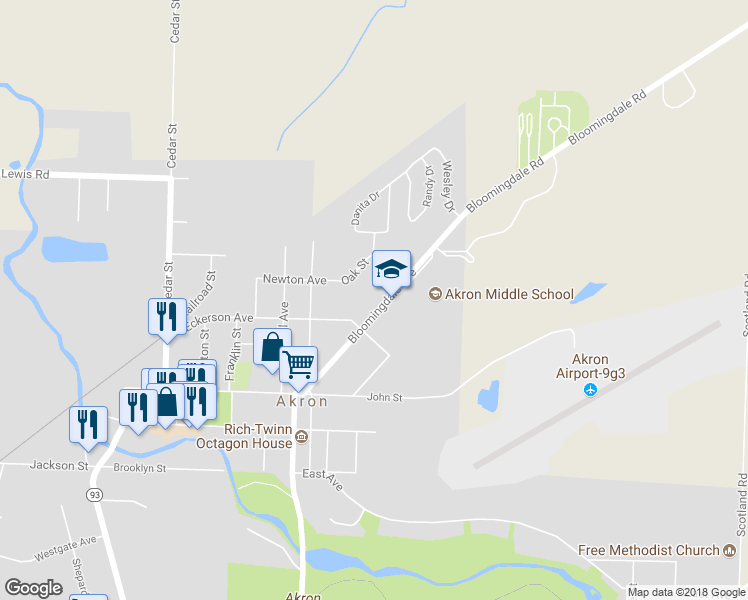 map of restaurants, bars, coffee shops, grocery stores, and more near 42 Bloomingdale Avenue in Akron