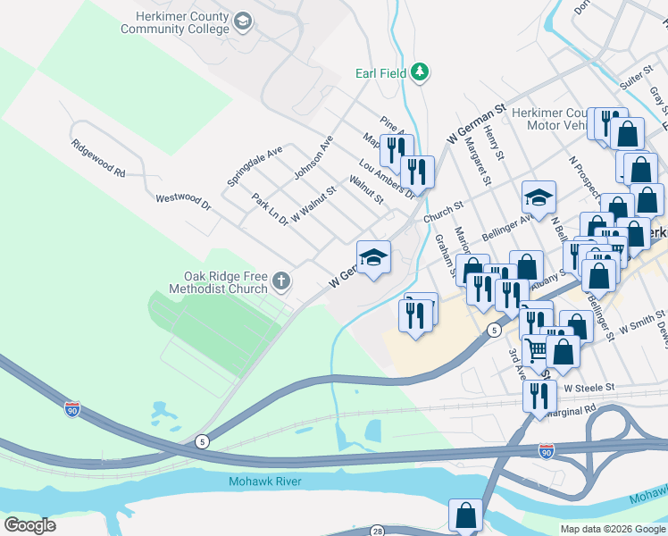 map of restaurants, bars, coffee shops, grocery stores, and more near 810 West German Street in Herkimer