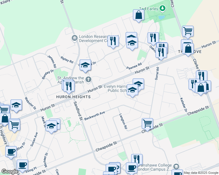 map of restaurants, bars, coffee shops, grocery stores, and more near 1435 Perth Avenue in London