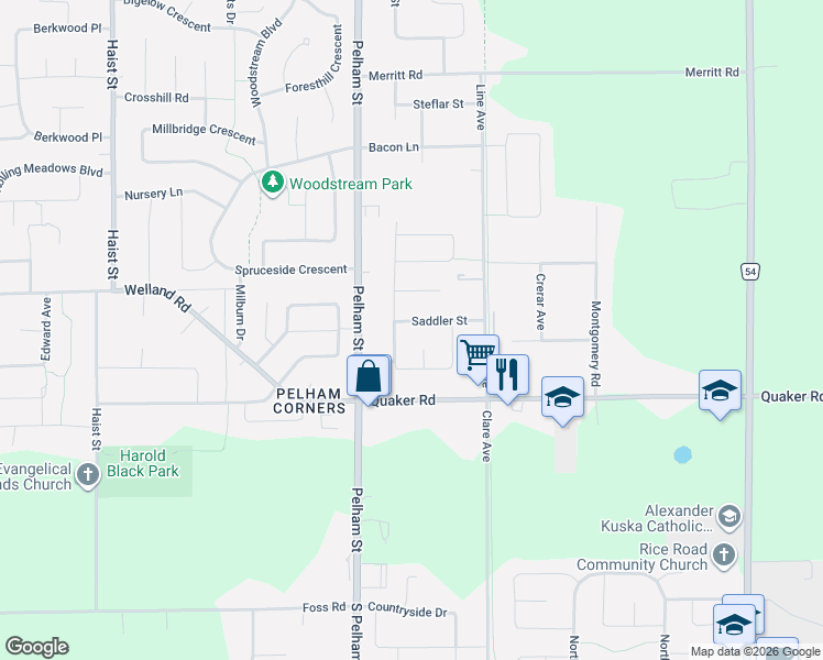 map of restaurants, bars, coffee shops, grocery stores, and more near 17 Saddler Street in Pelham