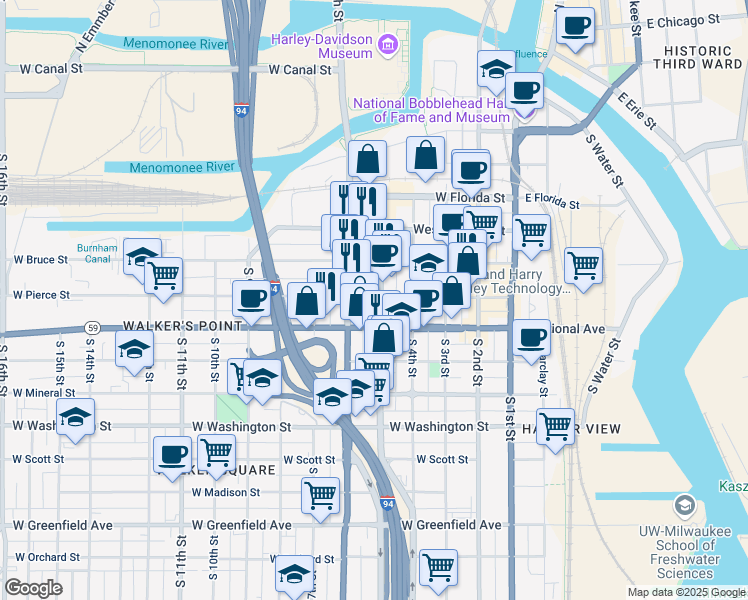 map of restaurants, bars, coffee shops, grocery stores, and more near 703 South 5th Street in Milwaukee