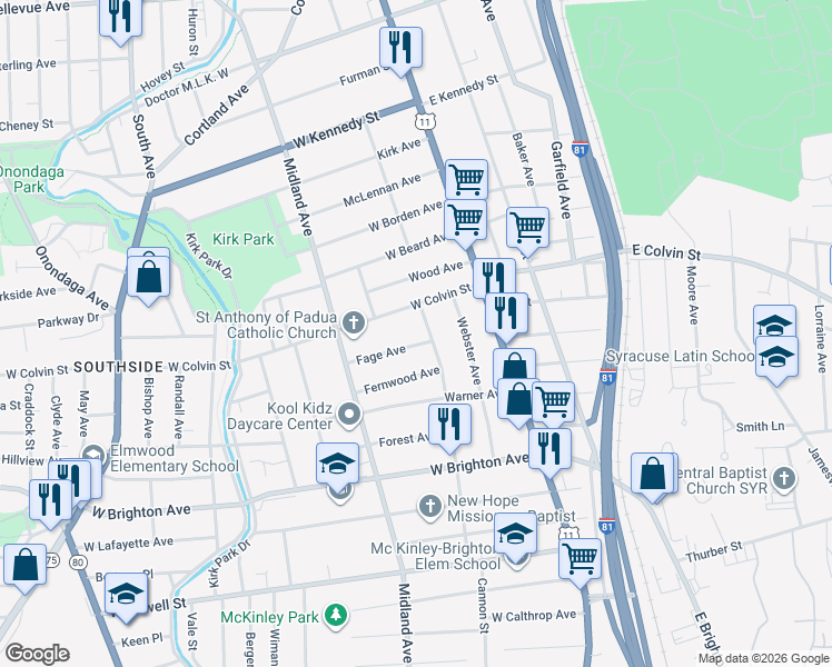 map of restaurants, bars, coffee shops, grocery stores, and more near 114 Cannon Street in Syracuse