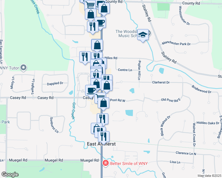 map of restaurants, bars, coffee shops, grocery stores, and more near 6465 Transit Road in East Amherst