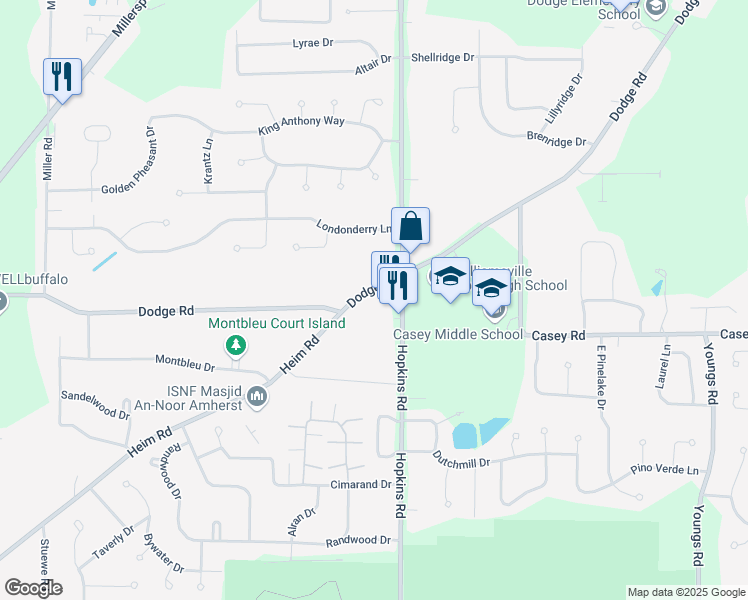 map of restaurants, bars, coffee shops, grocery stores, and more near 1430 Dodge Road in Getzville