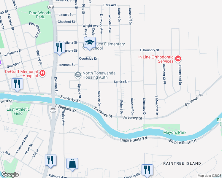 map of restaurants, bars, coffee shops, grocery stores, and more near 705 Sandra Lane in North Tonawanda