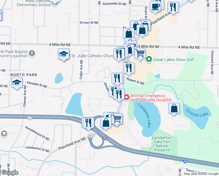 map of restaurants, bars, coffee shops, grocery stores, and more near 1361 Elmdale Street Northeast in Grand Rapids