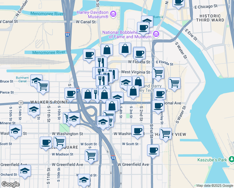 map of restaurants, bars, coffee shops, grocery stores, and more near 630 South 5th Street in Milwaukee
