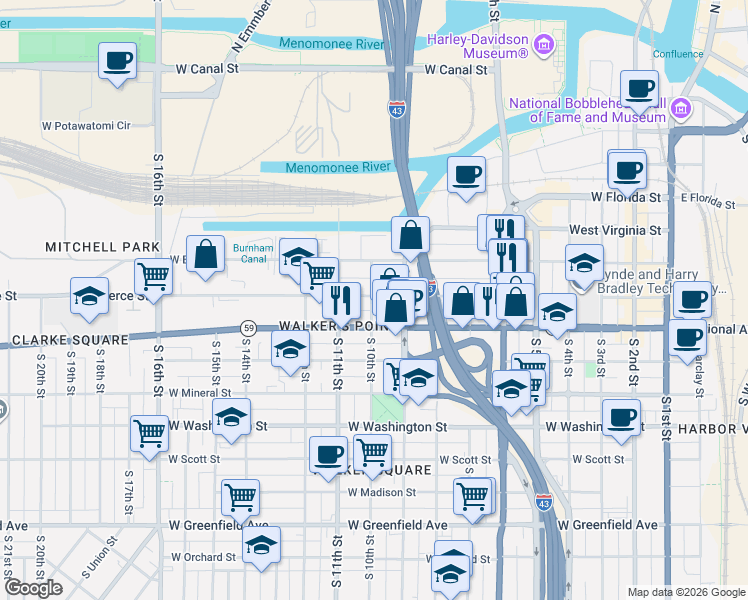 map of restaurants, bars, coffee shops, grocery stores, and more near 1002 West Pierce Street in Milwaukee