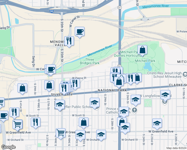 map of restaurants, bars, coffee shops, grocery stores, and more near 3032 West Pierce Street in Milwaukee